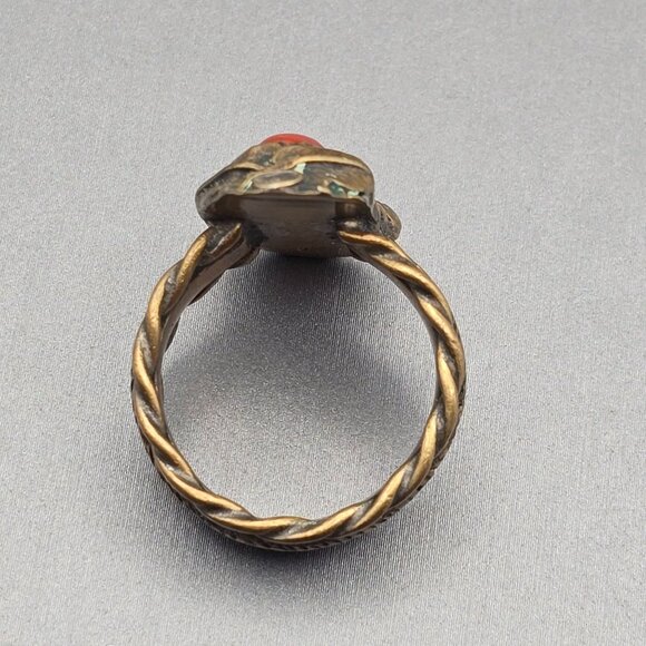VTG Southwestern Brass & Red Coral Ring Size 8 Leaf Motif Etched Rope Band - Picture 5 of 12
